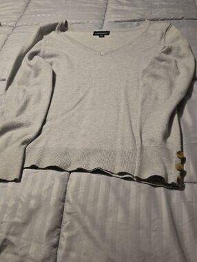 Worthington Light Gray V-Neck Sweater with Side Button Detail